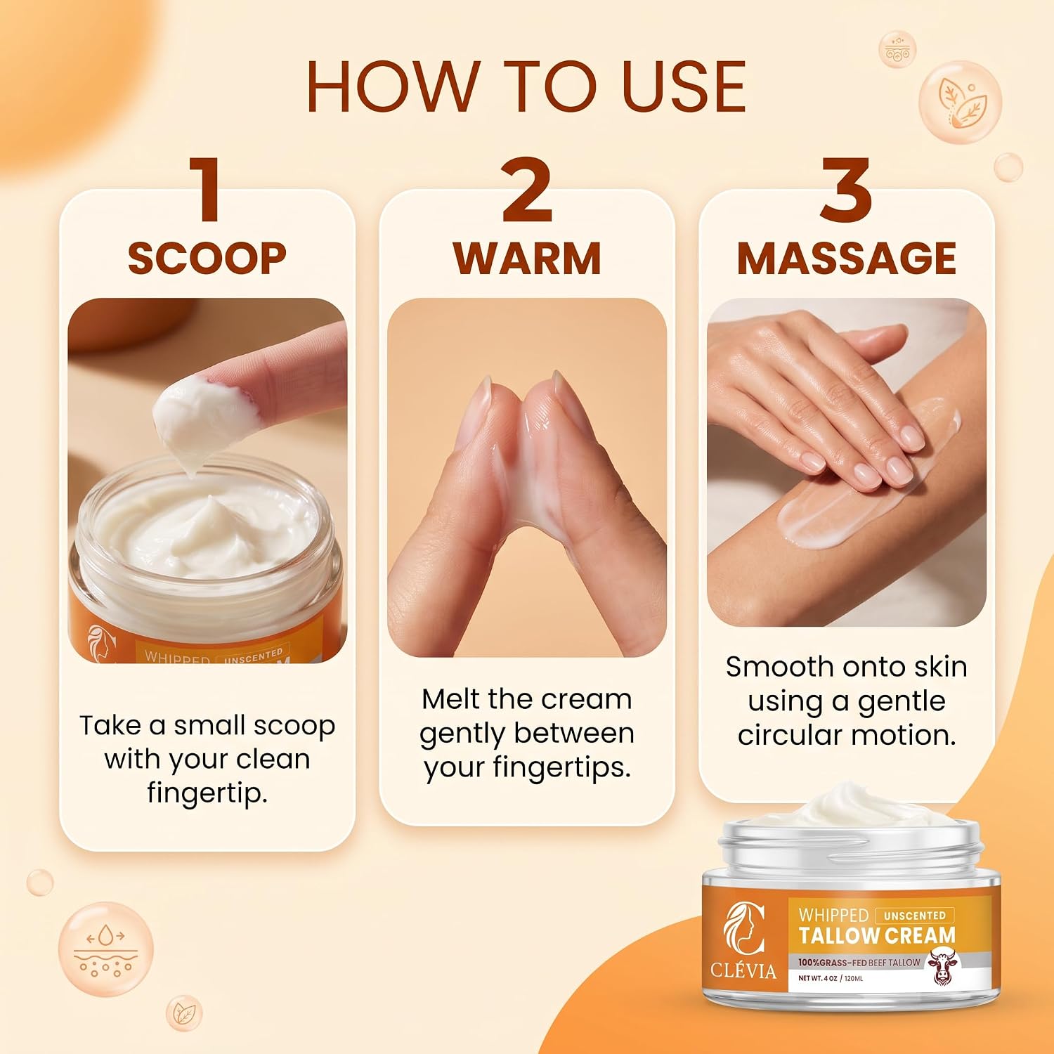 How to apply CLÉVIA Unscented Whipped Tallow Cream