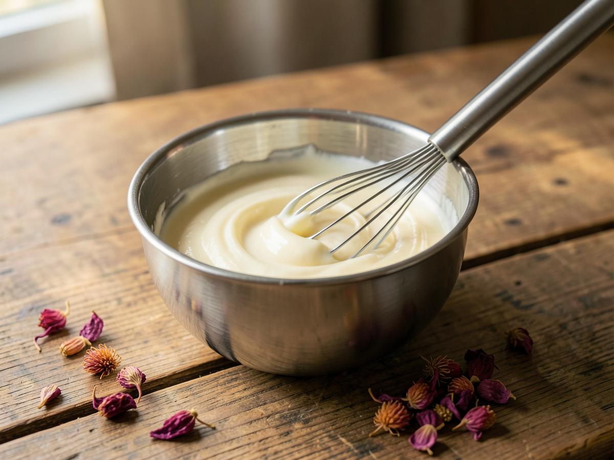 Whipping a small batch of tallow cream with dried botanicals nearby