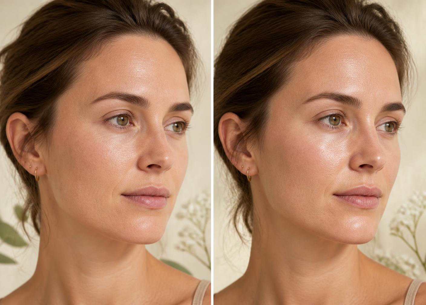 Illustration comparing dry-looking skin before moisturizer with hydrated-looking skin after application