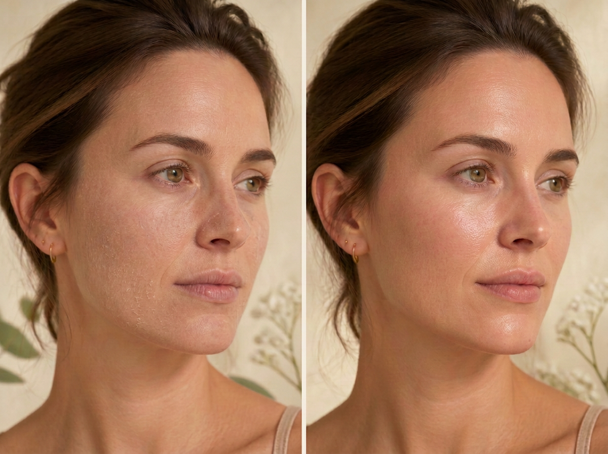 Illustration comparing dry-looking skin before moisturizer with hydrated-looking skin after application