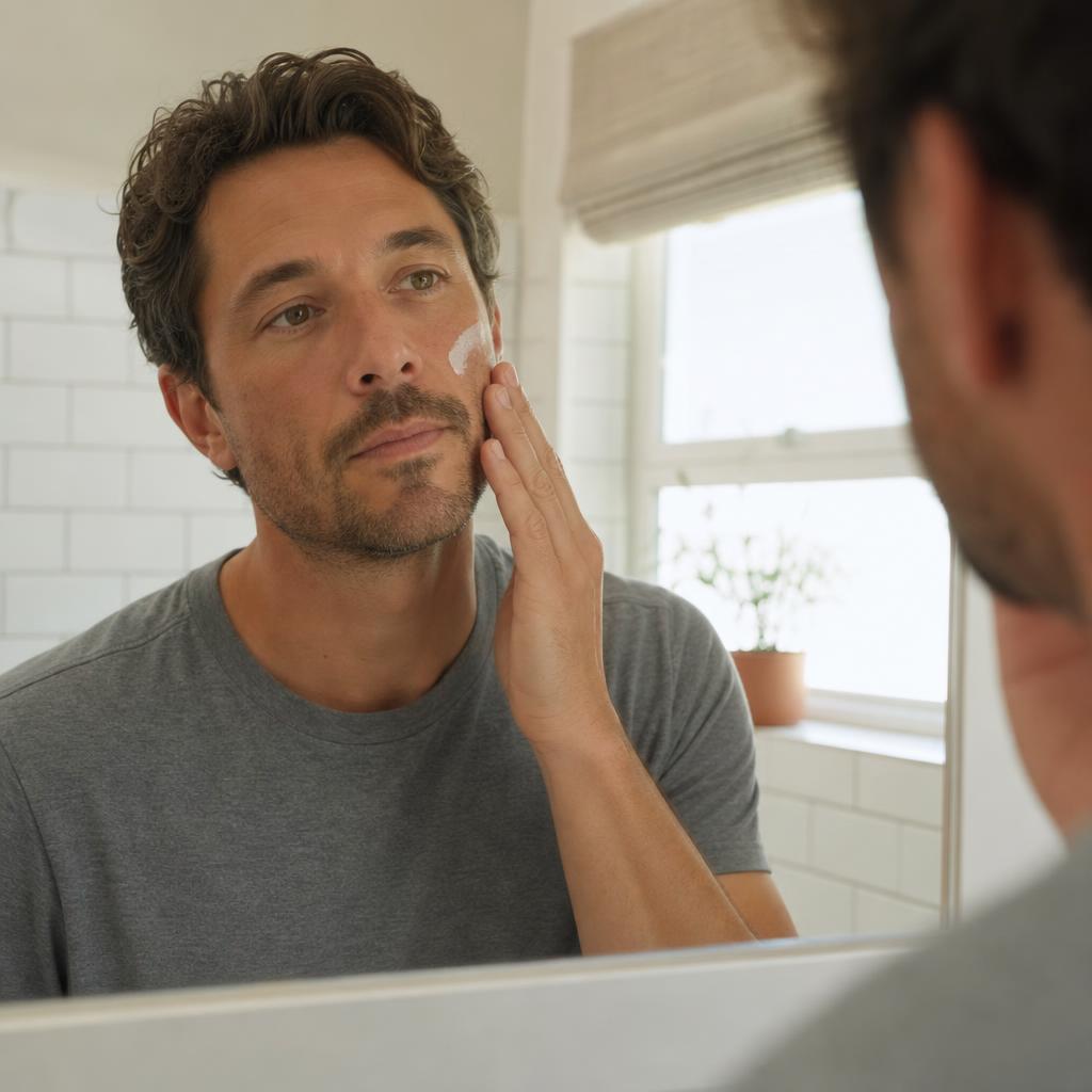 Man applying cream to his cheek after washing