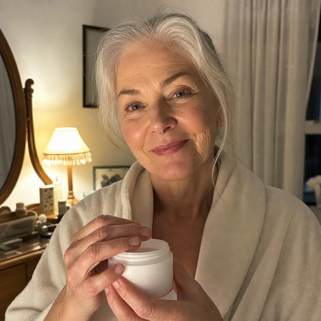 Mature woman enjoying an evening skincare routine