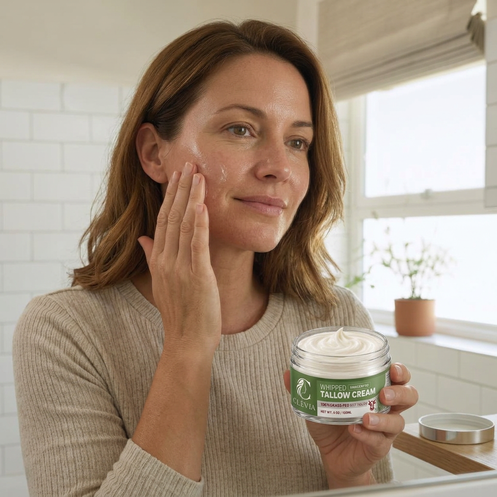 Woman applying moisturizer while holding CLÉVIA Unscented Whipped Tallow Cream