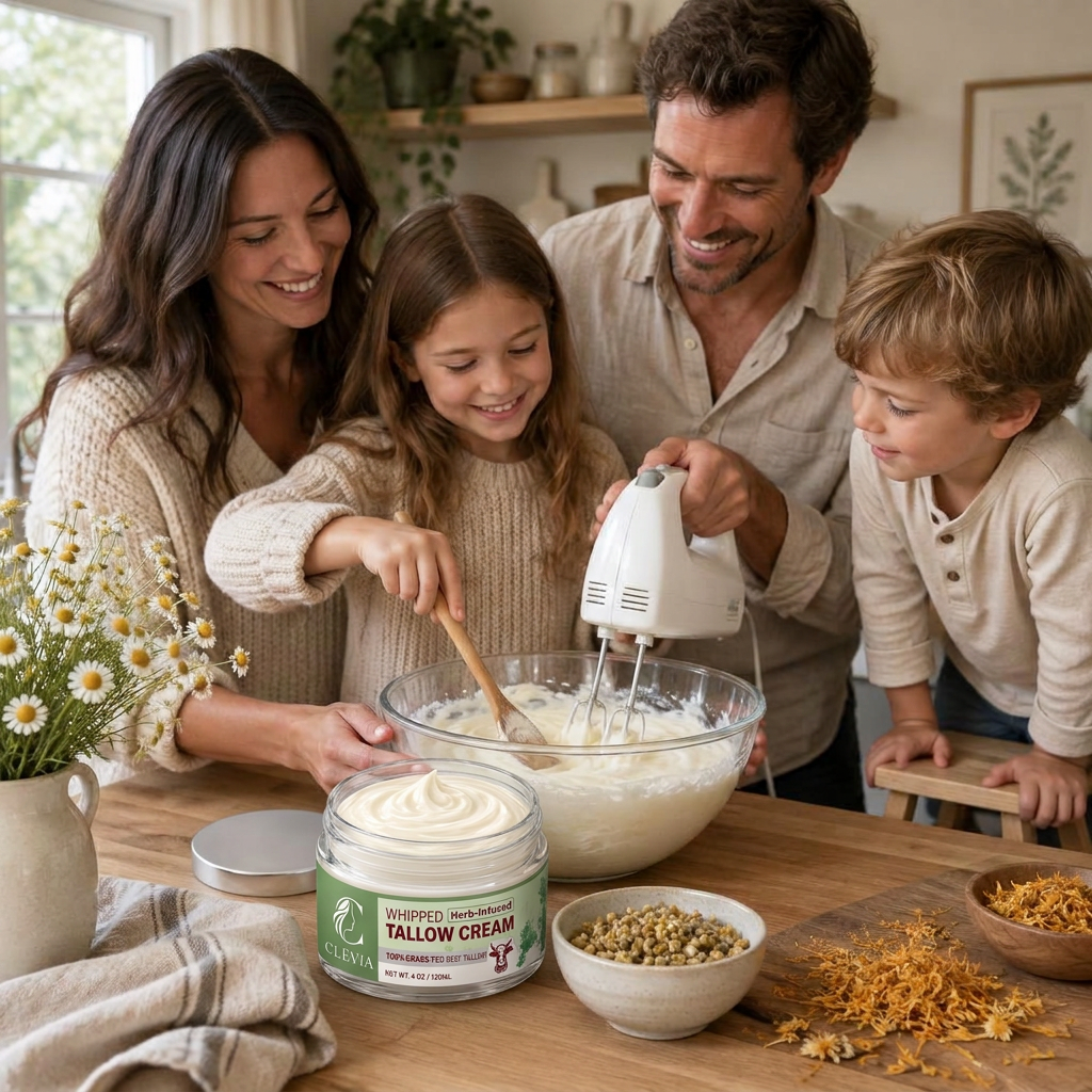 The CLÉVIA family — parents and children — whipping a fresh batch of tallow cream together at home