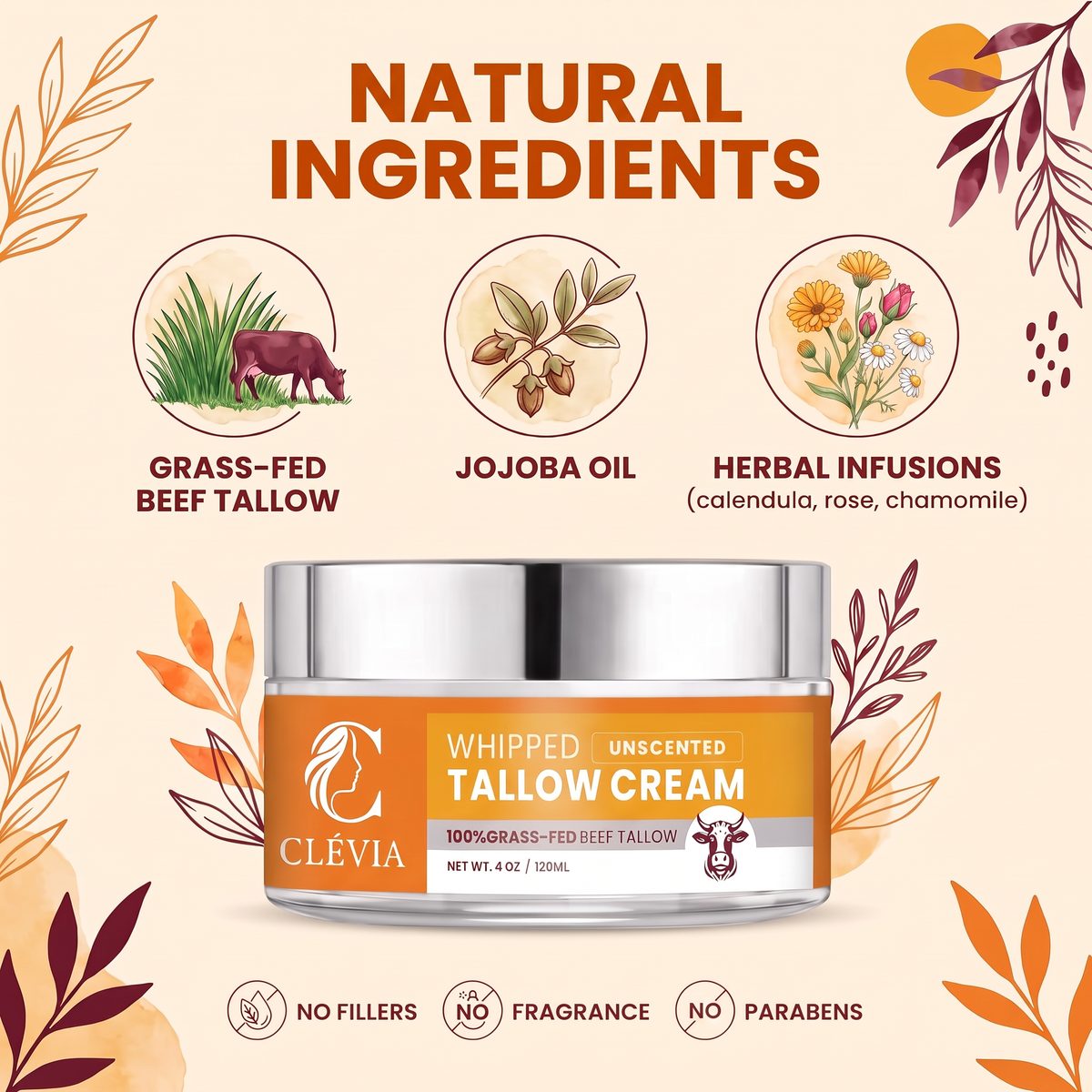 Natural ingredients in CLÉVIA Unscented Whipped Tallow Cream