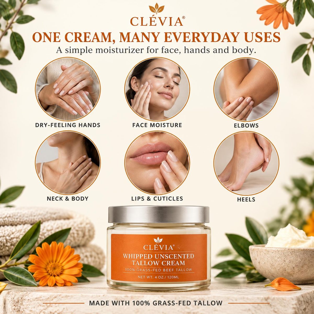 Everyday uses for CLÉVIA Unscented Whipped Tallow Cream